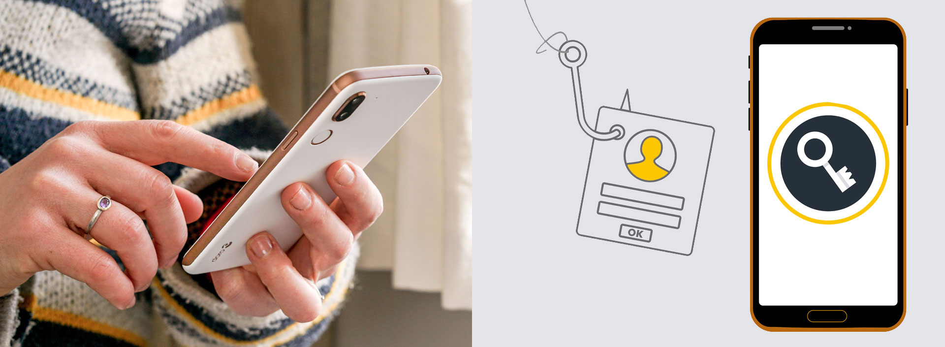 Person using a Doro smartphone with illustration of phishing and security protection